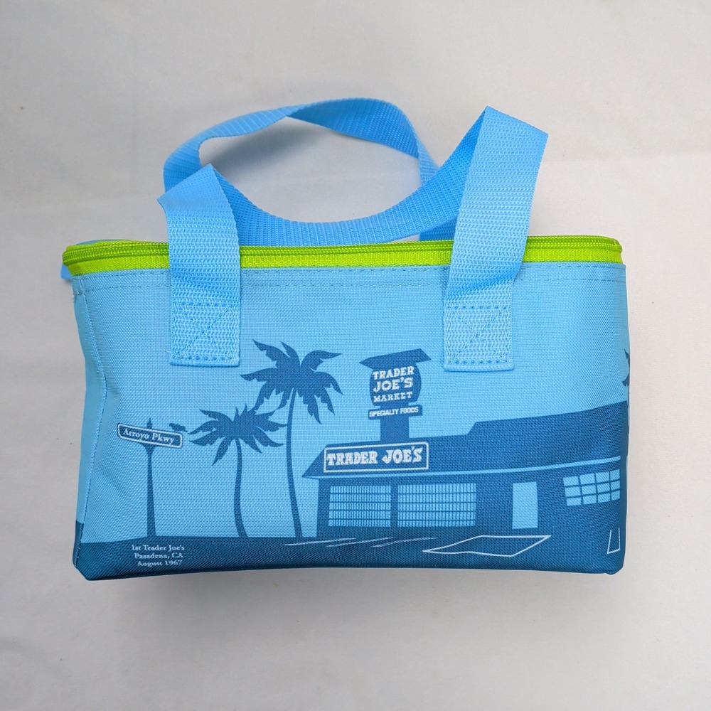 Trader Joes Mini Insulated Cooler Bag Blue Lime Green Pasadena 1967 Lunch Tote